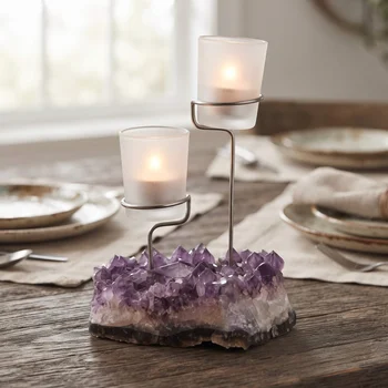 Candelabro Duplo Drusa de Ametista Natural Decoração, Proteção e Energização1