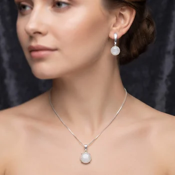 Conjunto Brinco e Colar Cabochão Redondo Prateado - 10mmqb
